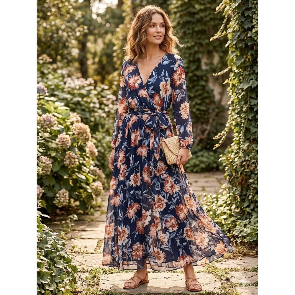 Women's Alexa B Nites Navy Multicolor Floral Belted Wrap Maxi Dress 16W